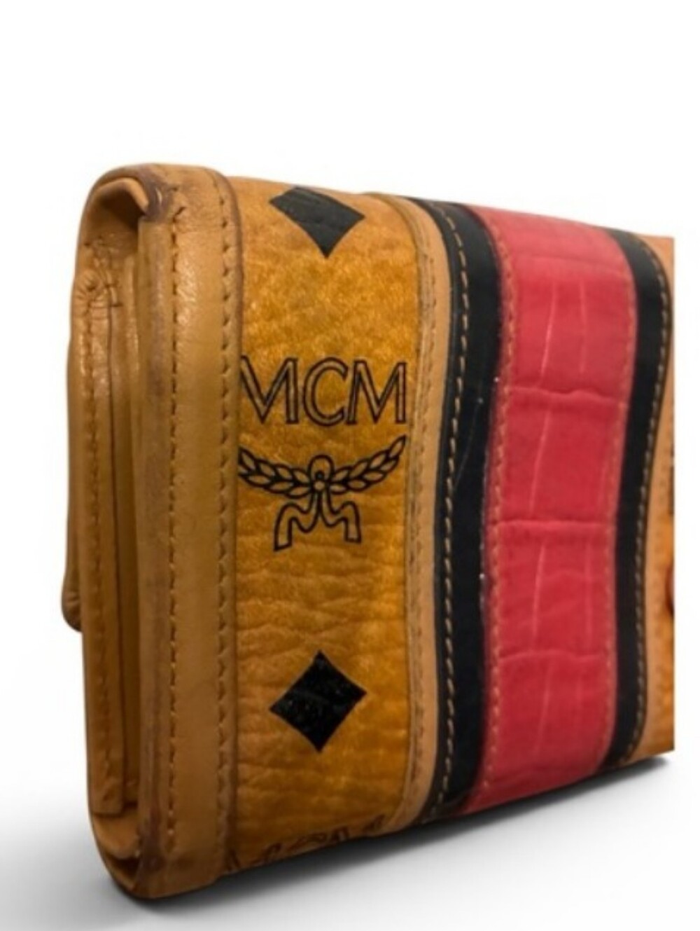 MCM Cognac Leather Trifold Wallet with Red & Black Stripe - Picture 3 of 3